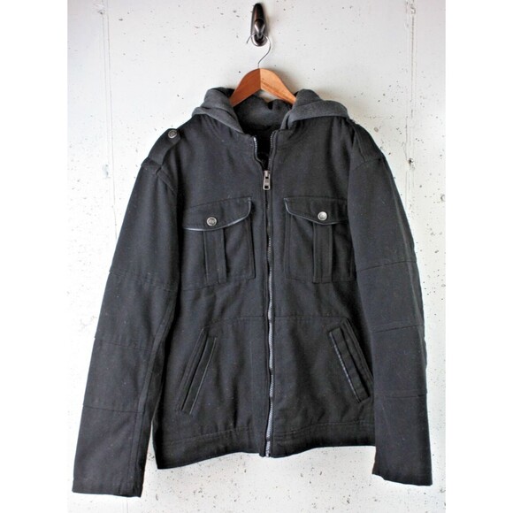 Urban Republi Jacket Mens size L Black Wool Full Zip Hooded Outdoor